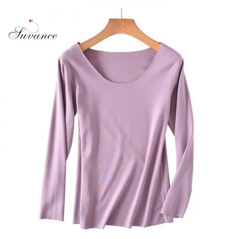 Осенне-зимние модные однотонные женские тонкие эластичные футболки с круглым