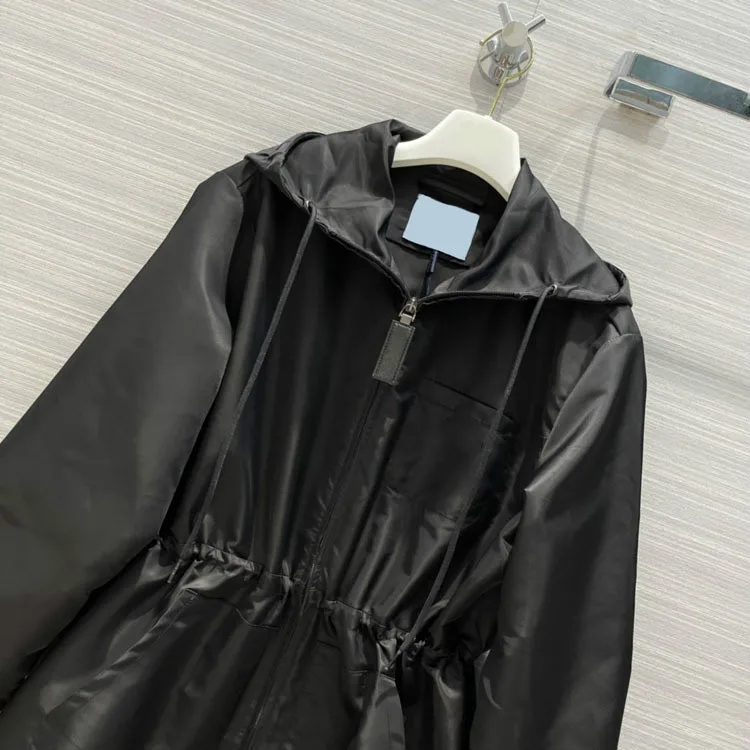 

High-end Brand Black Trench Women 2021 New Spring Waist Long Sleeve Hooded Long Trench Office Lady Luxury Polyester Windbreaker