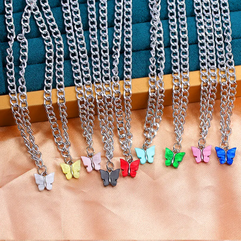 

Flatfoosie Fashion Charm Butterfly Pendant Necklace For Women Silver Color Acrylic Insect Necklace 2020 Statement Jewelry Gift