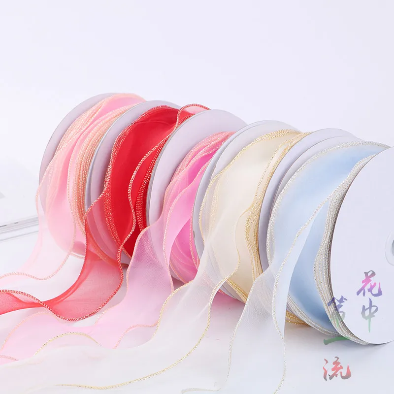 Новинка (25 ярдов/рулон) 5 см шифоновая лента из органзы с волнистыми золотыми