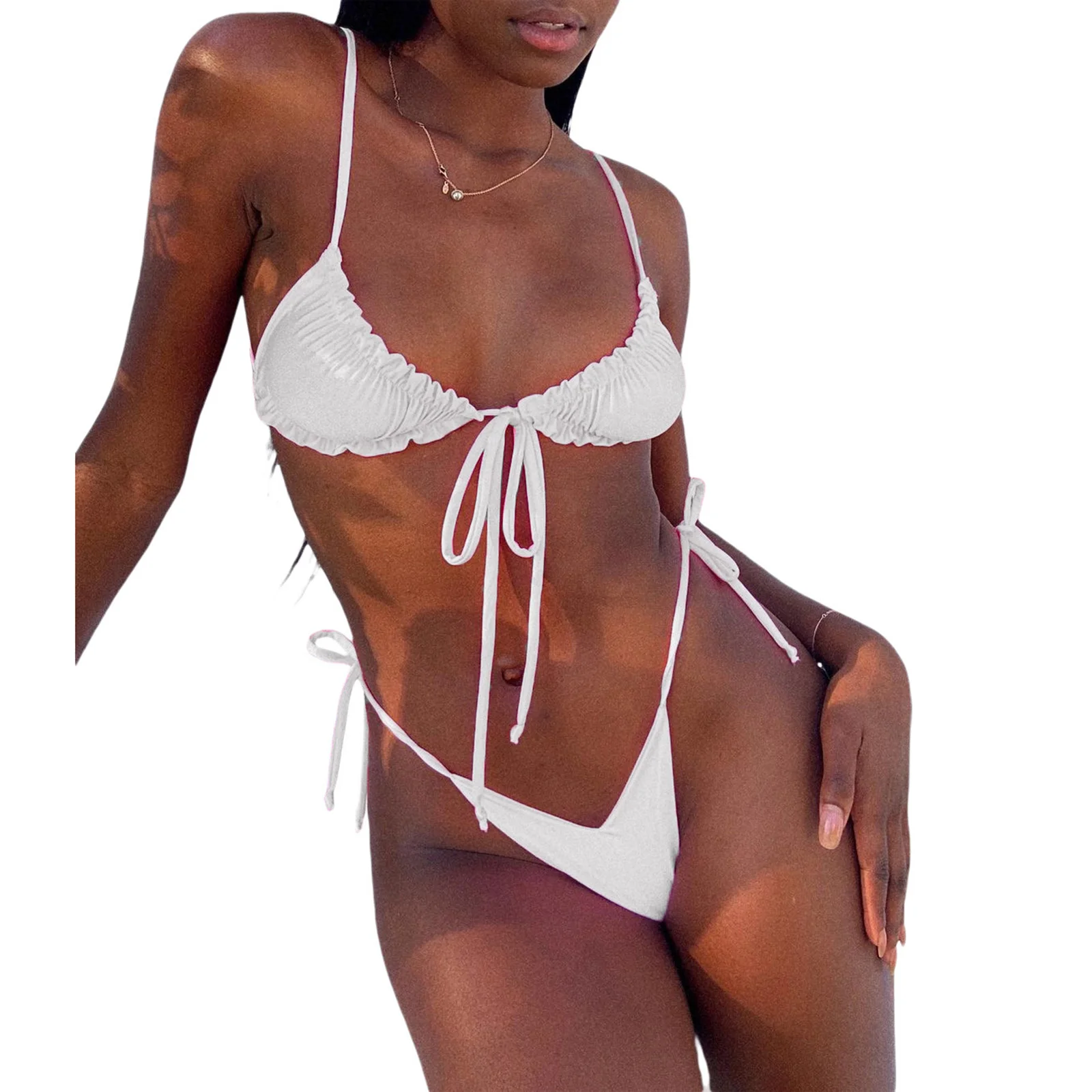 

Summer 2Pcs Women Beach Bathing Suits Set Female Solid Color/Floral Print Spaghetti Strap Bikini Tops Bikini Panties