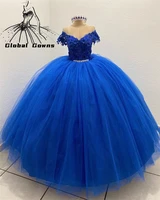royal blue cinderella quinceanear dresses beaded 3d flowers appliques princess sweet 15 16 ball gown graduation prom dress