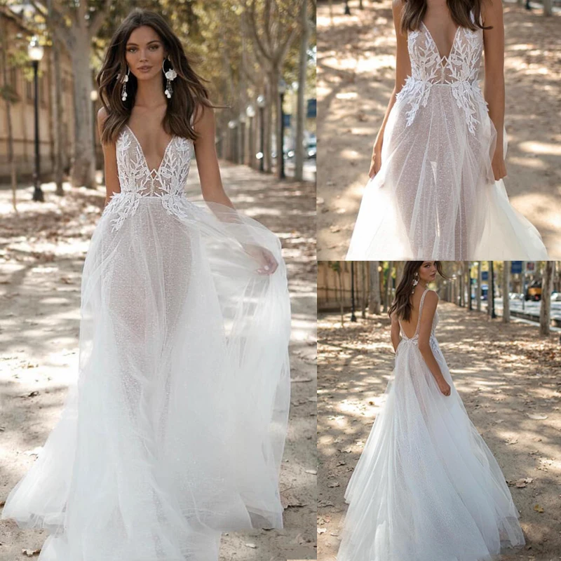 

Wedding Dresses Sexy White Lace Summer Dress 2021 Beach A-line Plus Size Bridal Gowns See Through Tulle Boho Ball Gown Vestidos