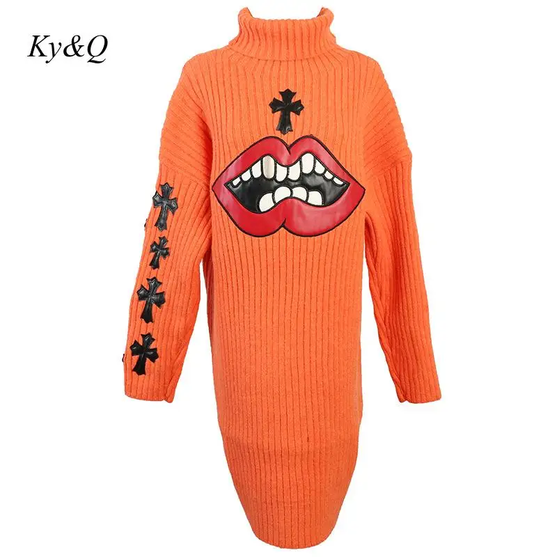 2020 Spring Designer Women Turtleneck Knit Long Sweater Dress Cross Lip Print Sleeve Pullover Luxury Fashion Clothes Jumper | Женская