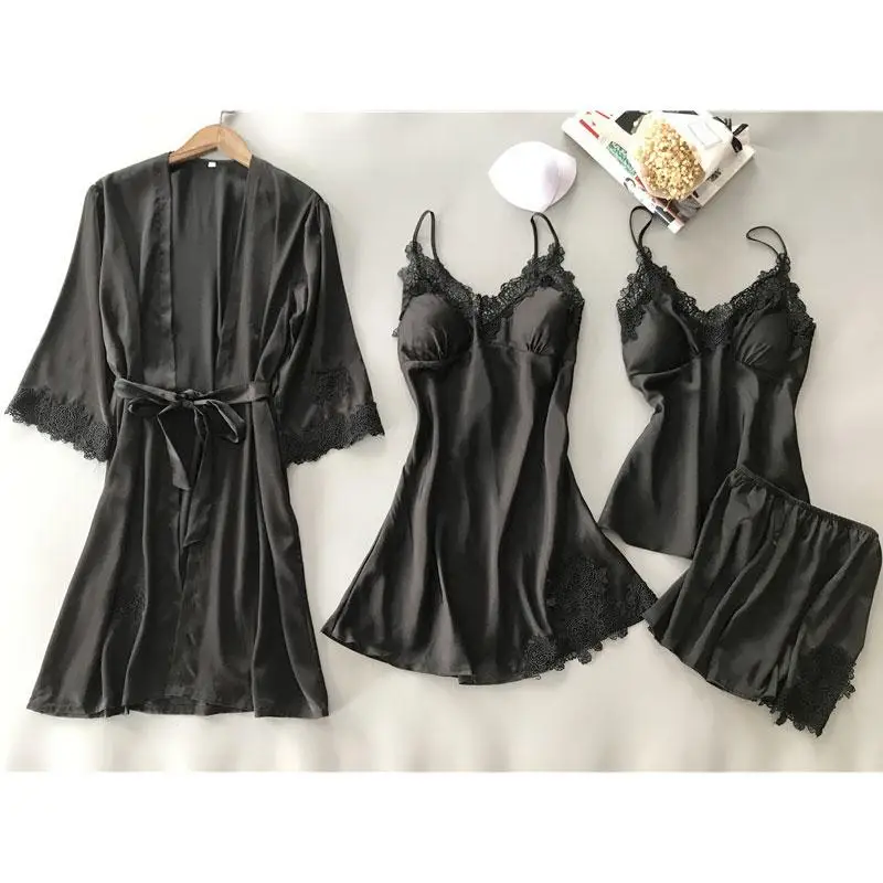 

Women Sexy Pajamas 4 Pieces Satin Sleepwear Imitation Silk Home Wear Home Clothing Lace Sleep Lounge Pyjama with Chest Pads
