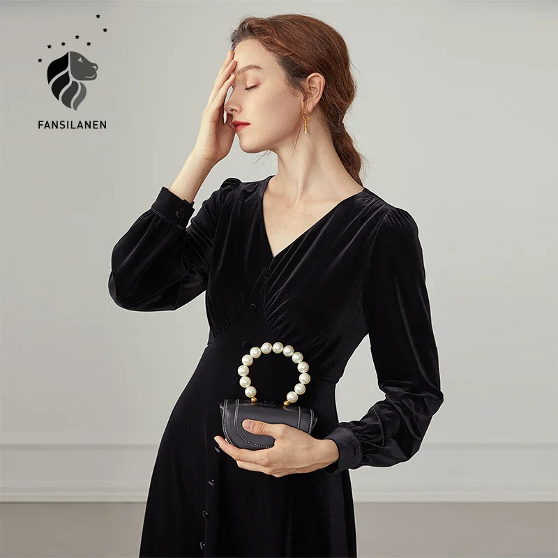 

FANSILANEN Elegant Velvet Midi Party Black Dress Women V Neck Long Sleeve Slim Sexy Dress Autumn Winter Club Vitnage Dress 2020