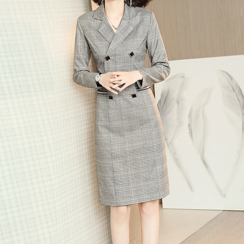 Zpqowv осенне зимний костюм платье в клетку с длинным рукавом двубортное яркое