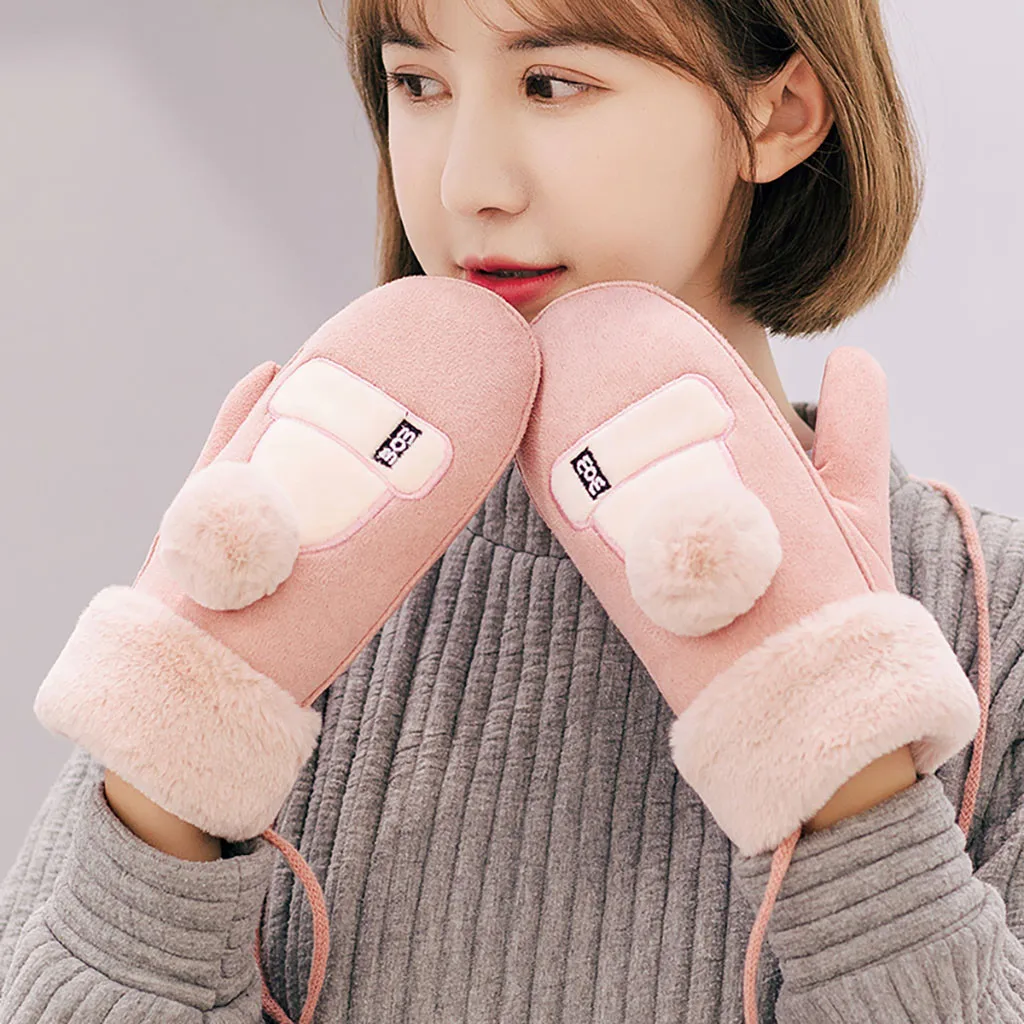Плюс бархатные Мультяшные милые женские перчатки розовые зимние теплые толстые