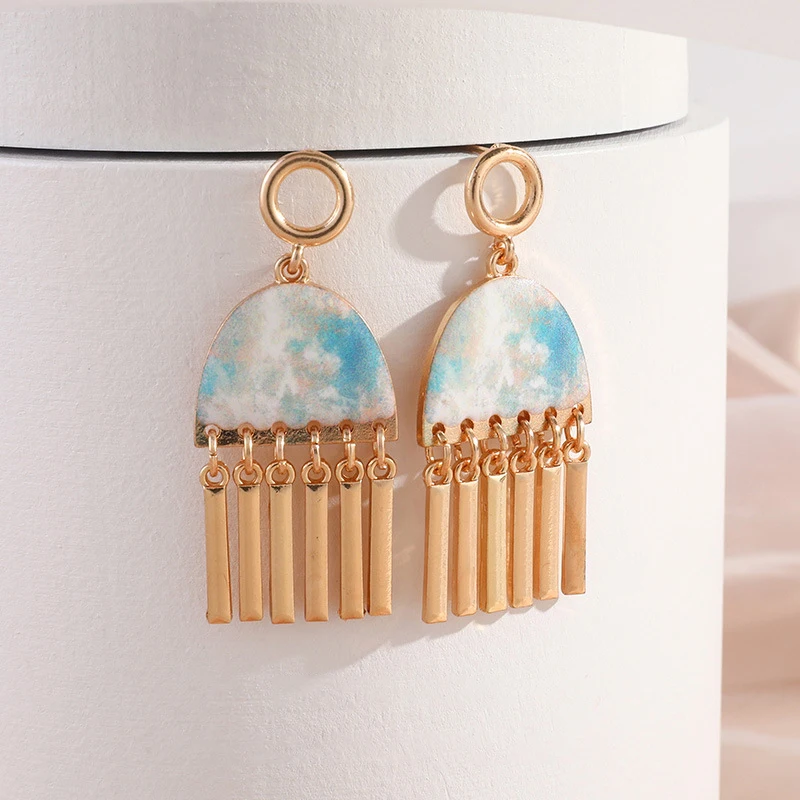 

Boho Blue Sky White Cloud Color Gold Plated Metal Tassel Fringe Drop Earrings for Women