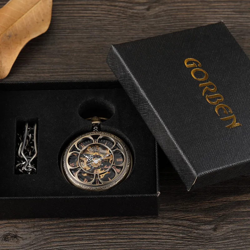 

Double Flip Cover Roman Numerals Men Mechanical Pocket Watch Bronze Vintage Hollow Steampunk Fob Watch With Necklace Women Gifts