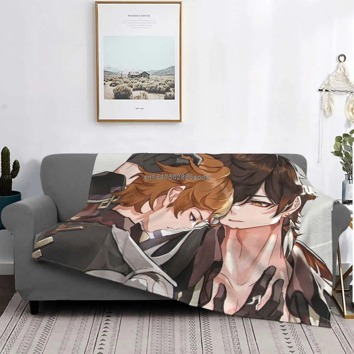 

Zhongli And Tartaglia Genshin Impact Blanket Fleece Spring/Autumn Anime Cute Plaid Manga Soft Throw Blanket/ for Home Travel
