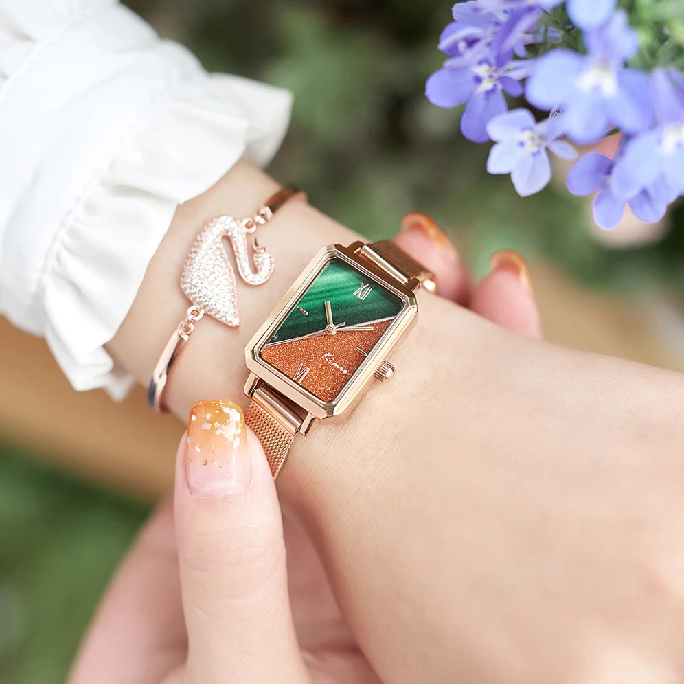 Женские прямоугольные часы KIMIO кварцевые с простроченным циферблатом и звездным