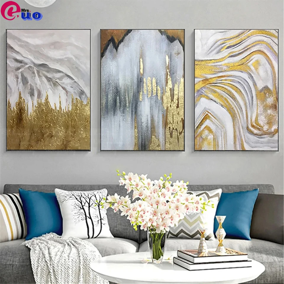 Pintura de diamantes para sala de estar, pintura abstracta moderna de paisaje de monta&ntilde;a, mosaico de diamantes, punto de cruz, 3 piezas-0