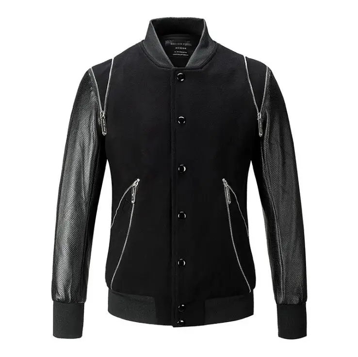 2020 autumn and winter men's slim V-neck jacket Men's wool stitching leather Korean fashion baseball uniform | Мужская одежда