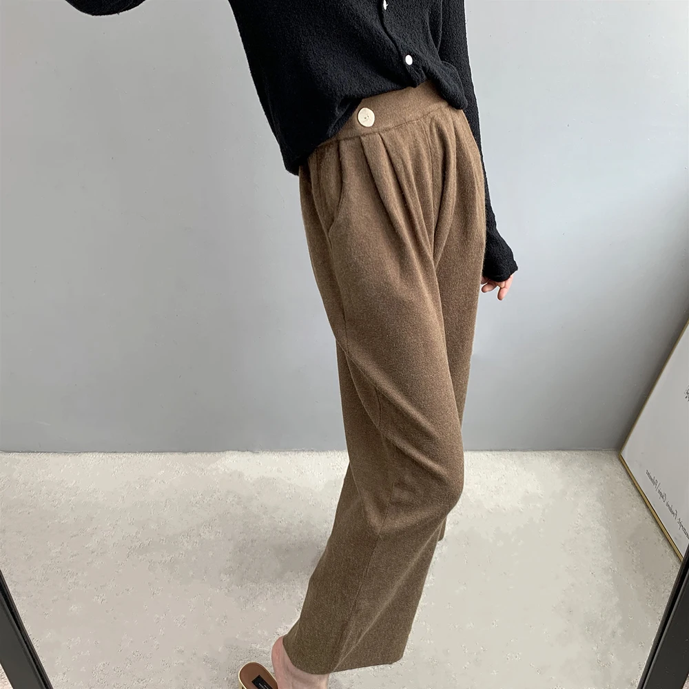 

2020 Women Autumn High Waist Knitted Long Pants Knitted Straight Pants Ankle Length Women Warm Wide Leg Pants Female Trousers