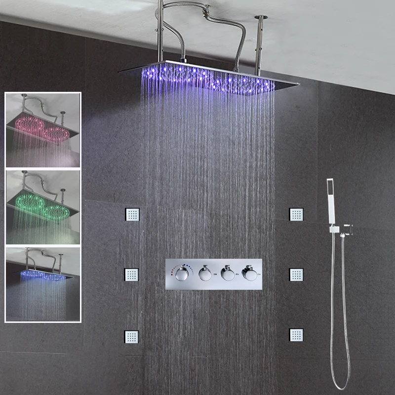 Двойной душевой кабиной Панель дождь Насадки для душа светодиодный настенный панели для ванной комнаты Панель s кран Термостатический Смеситель гидромассажные форсунки 300x600mm