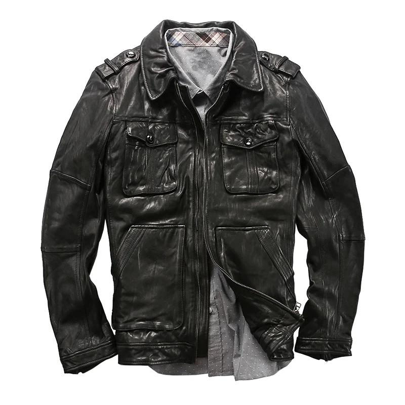Мужская мотоциклетная куртка из козьей шкуры с карманами в стиле сафари черное