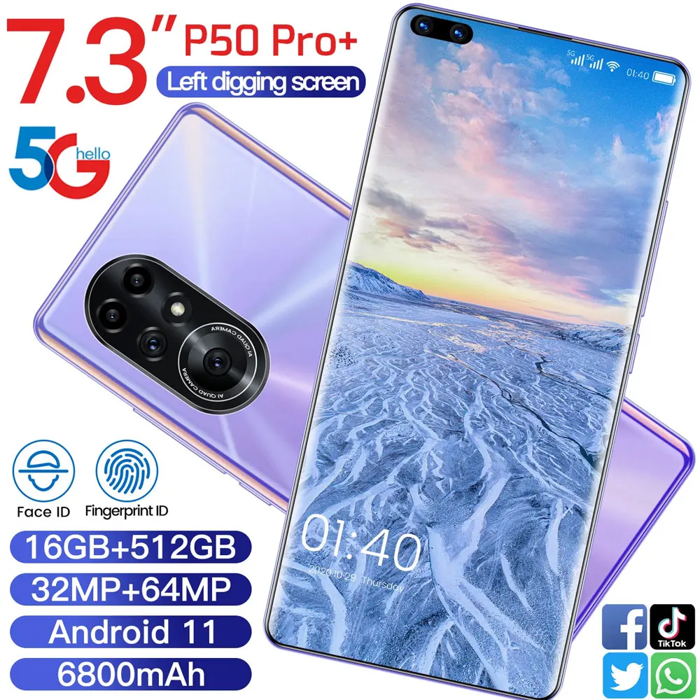 Смартфон P50 Pro + 16 512 ГБ 6800 мАч Android 10 0 7 3 дюйма 32 64 Мп HD 4G сеть 2021|Защитные стёкла и
