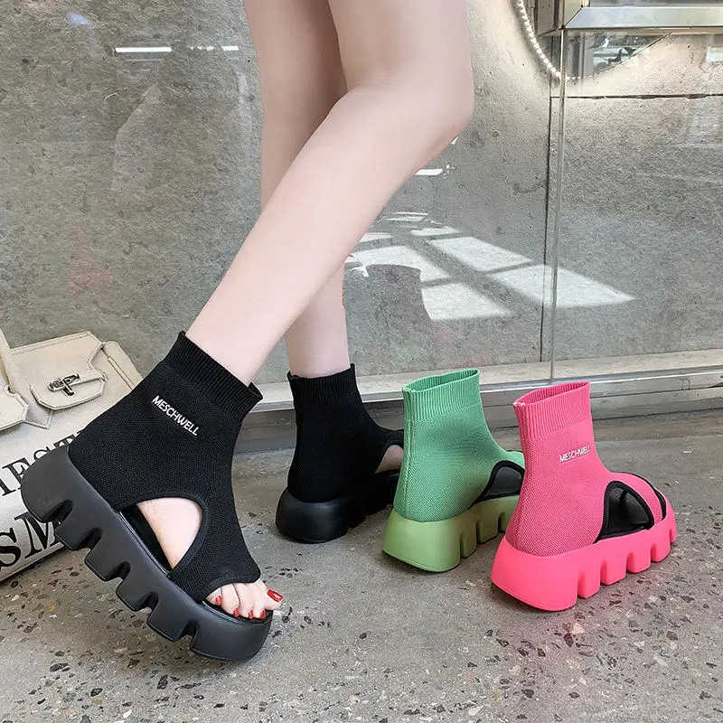

Popular Thick-Soled Peep Toe Sandals for Women 2021summer New Shoes Versatile Height Increasing Muffin Sock Shoes Roman Sandals