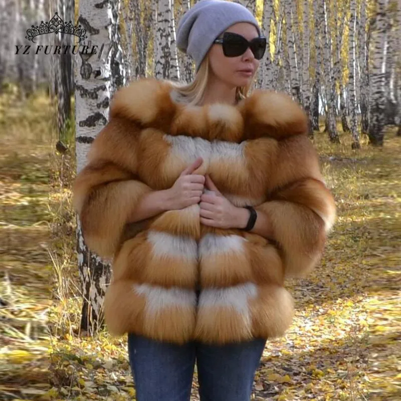 Женское пальто из натурального Лисьего меха короткая теплая зимняя куртка