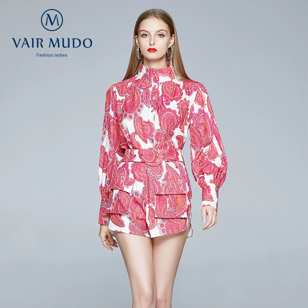 

Clothes Suit Charm Exotic Style Early Catwalk Stand-Up Collar Lantern Long-Sleeved Printed Shirt Shorts Wide-Leg Pants Suit Y-66