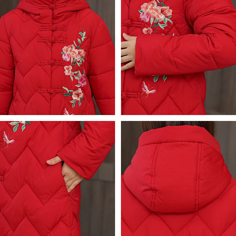 

Chinese Style Women's Winter Jacket Large Size Hooded with Embroidery Woman Parkas Plus Stand Collar Single Breasted Thick Coat