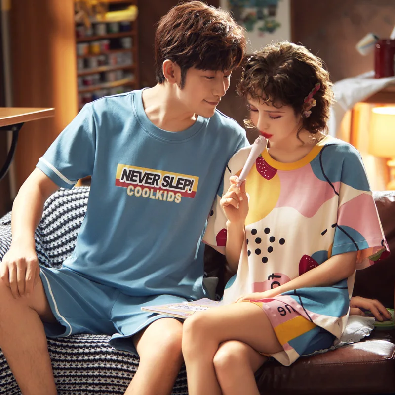 2 Pcs Pyjama Women Clothes Female Summer Men's Short-sleeved Shorts Girl Cartoon Can Wear A Home Couple Pajamas Service Suit