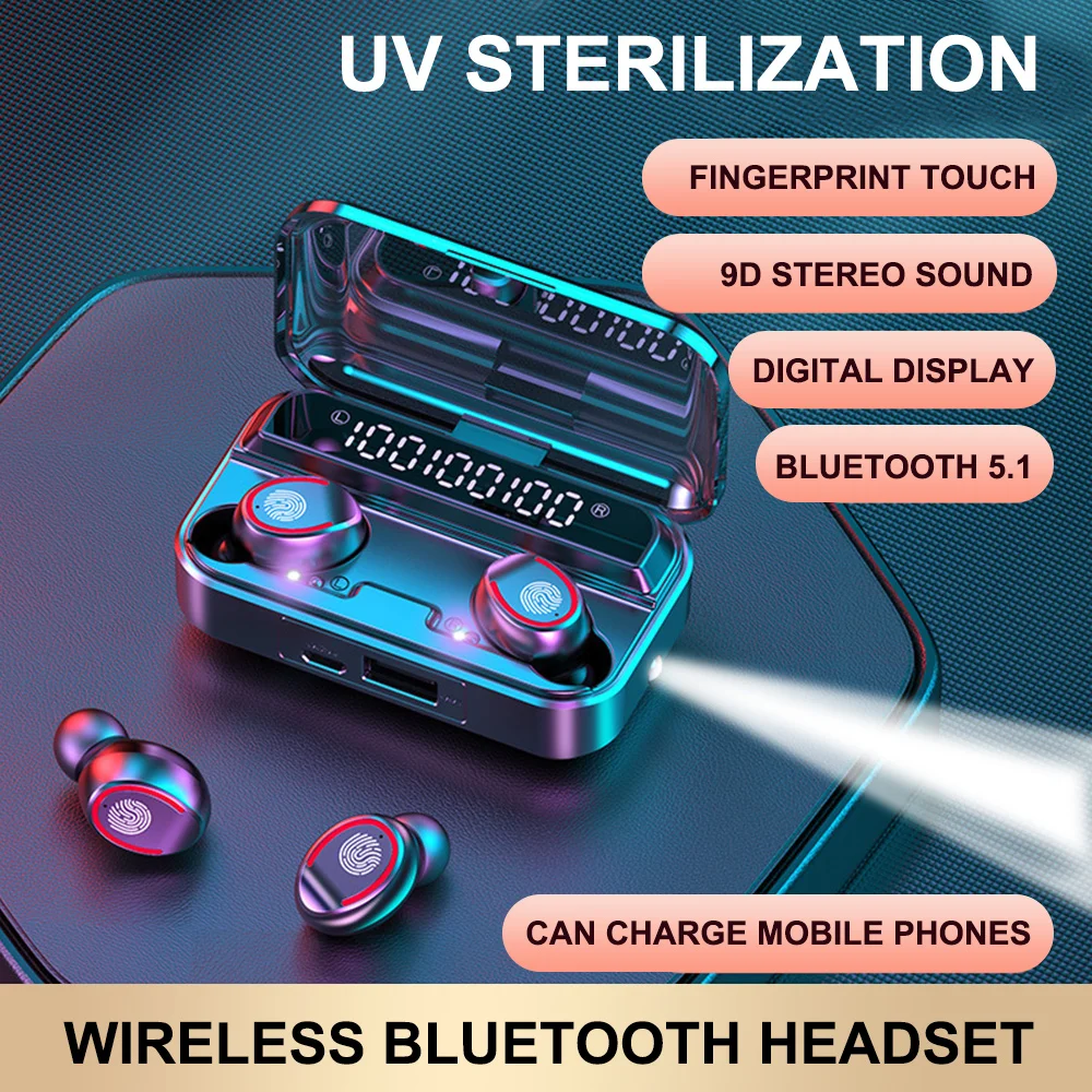 

Mini Stereo Earset TWS Voice Message Noise Reduction Flashlight LED Power Digital Display with Charging Box Music Sport Bass