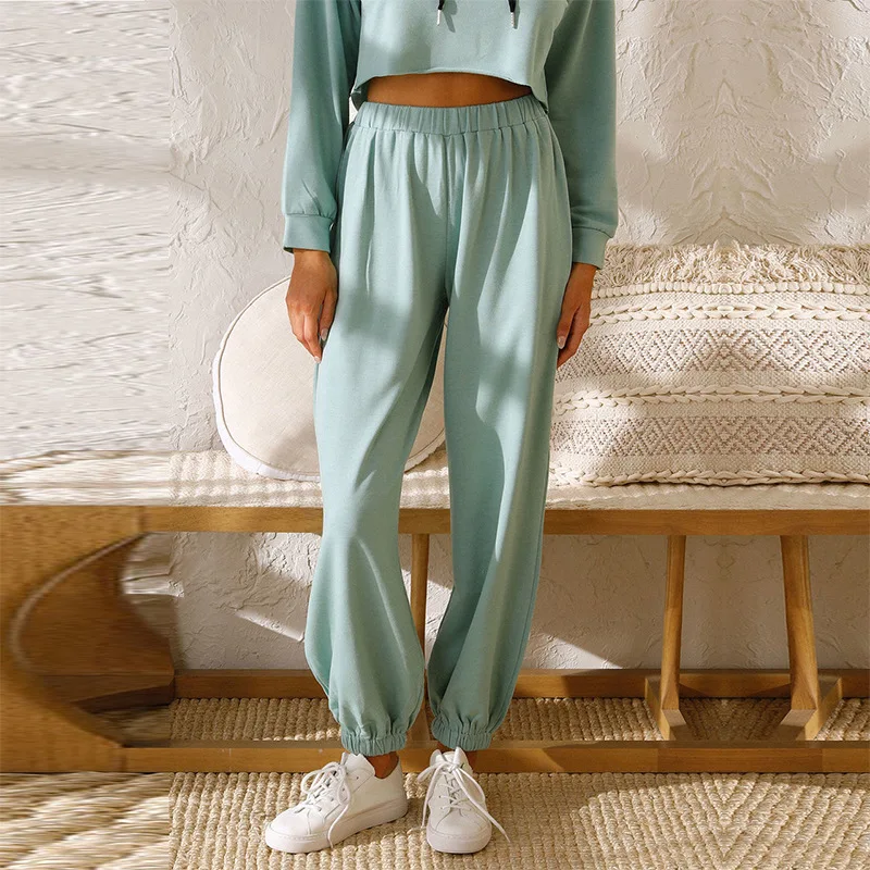 

Large Size Two-piece Women's Autumn Short Hooded Solid Color Casual Long-sleeved Top With Elastic Loose Trousers Ladies Suit