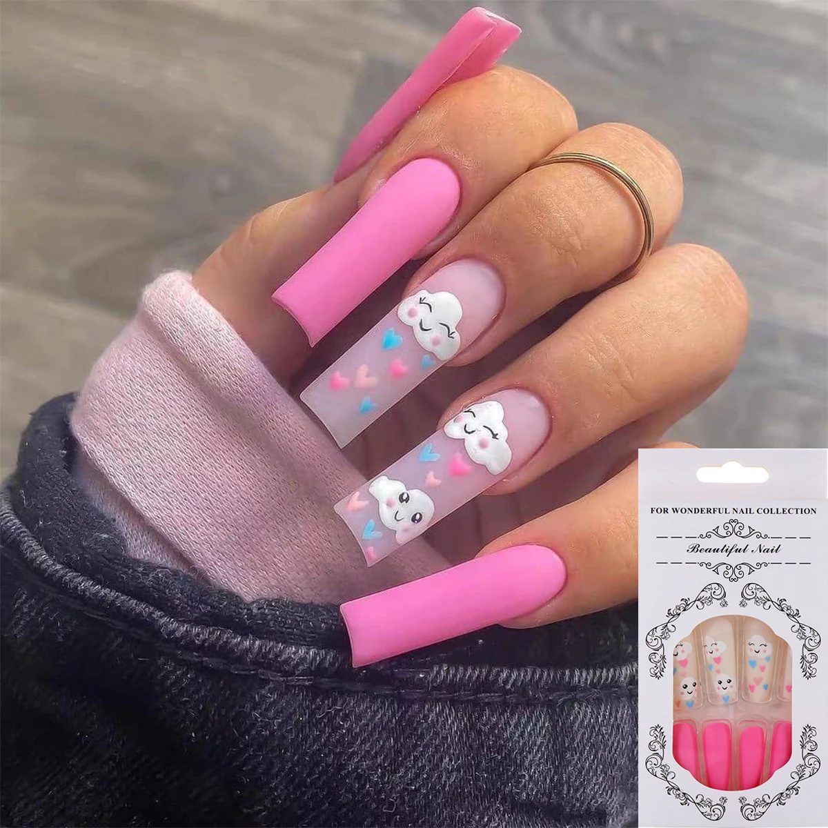 

1 Set Long Cloud Smiley Stiletto Ballerina False Nail Tips Coffin Fake Nail Art Acrylic Detachable Decal Decoration with Glue