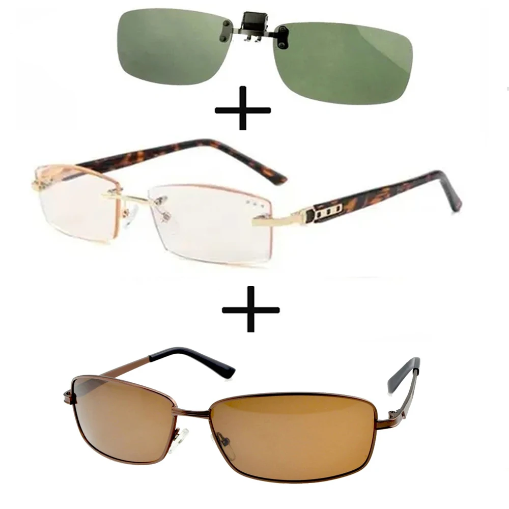 

3Pcs!!! Titanium Gentleman Diamond Cut Reading Glasses Men Women + Polarized Sunglasses Ultralight Driving + Sunglasses Clip