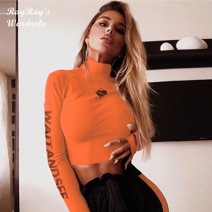 

RayRay Egirl Y2k Aesthetic Crop Top Sexy Long Sleeved Turtleneck T-Shirt Orange Letter Heart Print Cute Tee 2021 Women Fashion