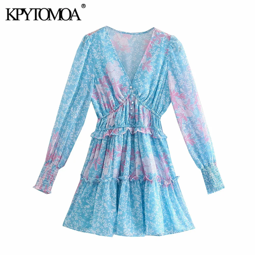 

KPYTOMOA Women 2021 Chic Fashion Floral Print Ruffled Mini Dress Vintage Long Sleeve With Lining Female Dresses Vestidos Mujer