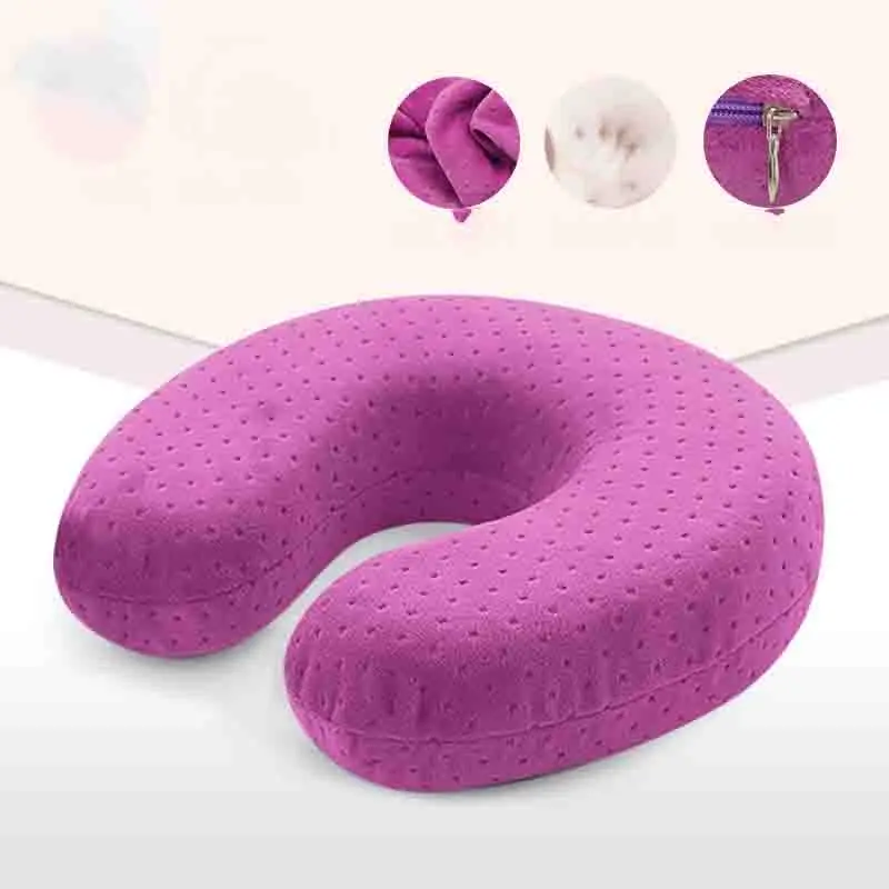 purple Дорожная подушка для шеи, для путешествий, короткая плюшевая ткань, пена с эффектом памяти, для уменьшения боли в шее, забота о здоровье шейки, постельные принадлежности, подушка для шеи в самолете - Цвет: purple