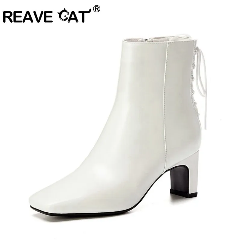 

REAVE CAT Full Genuine Leather Ankle Boots cow leather shoes thick short heels solid cross-tied zipper booties black white
