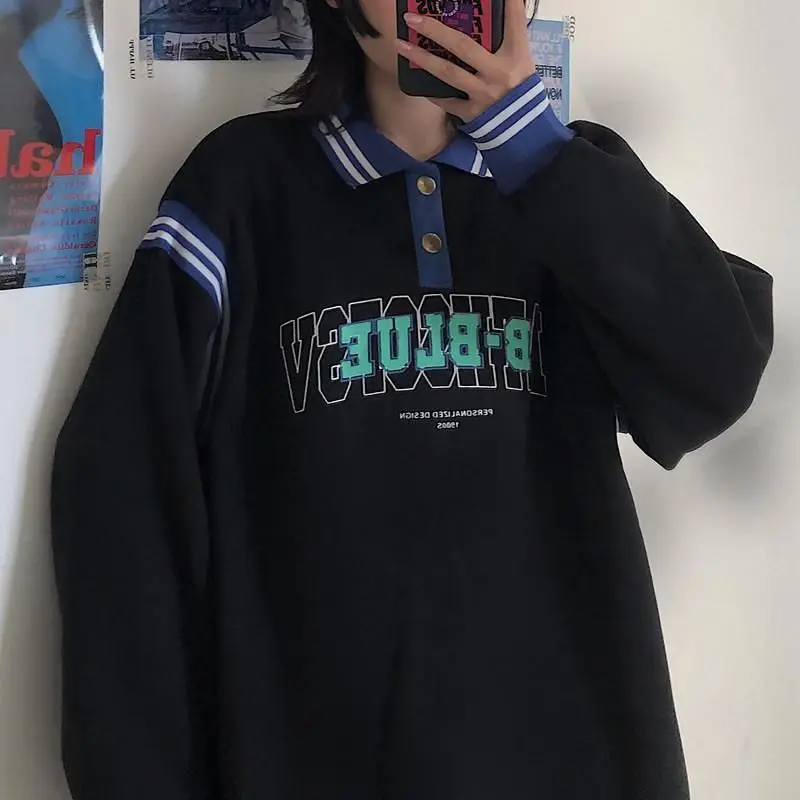 

Autumn winter sweatshirt for men women loose plus velvet thick jacket all-match academy polo collartop trend bf Harajuku style