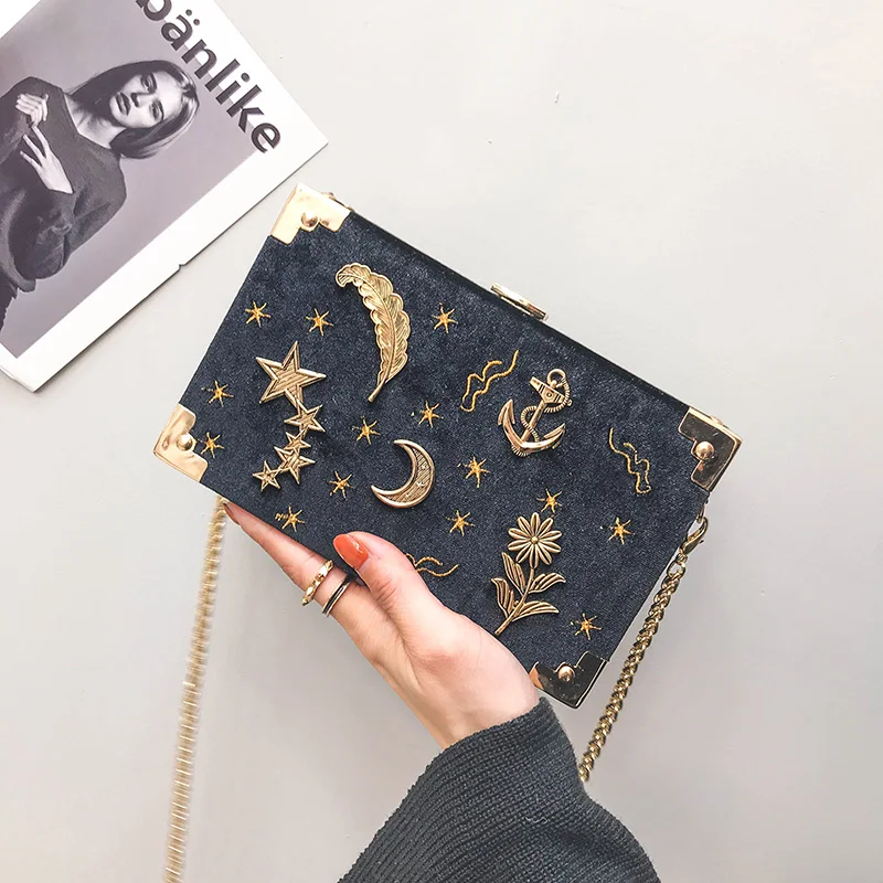 

Velvet Small Square Bag Female Bag Spring New Embroidered Stars Shoulder Chain Messenger Box Luxury Handbags Women Bags Designer