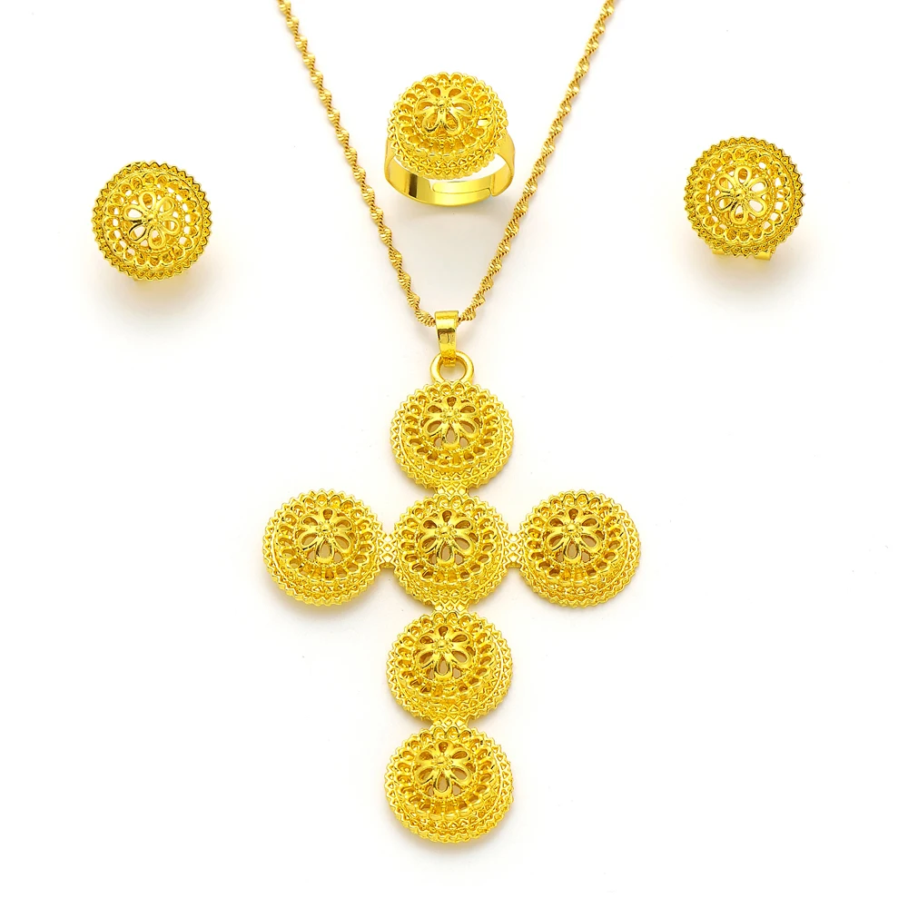 

Bangrui Elegant Gold Color Cross Pendant Necklace Drop Earrings Rings Fashion Jewelry Sets African Dubai Jewelry Gifts