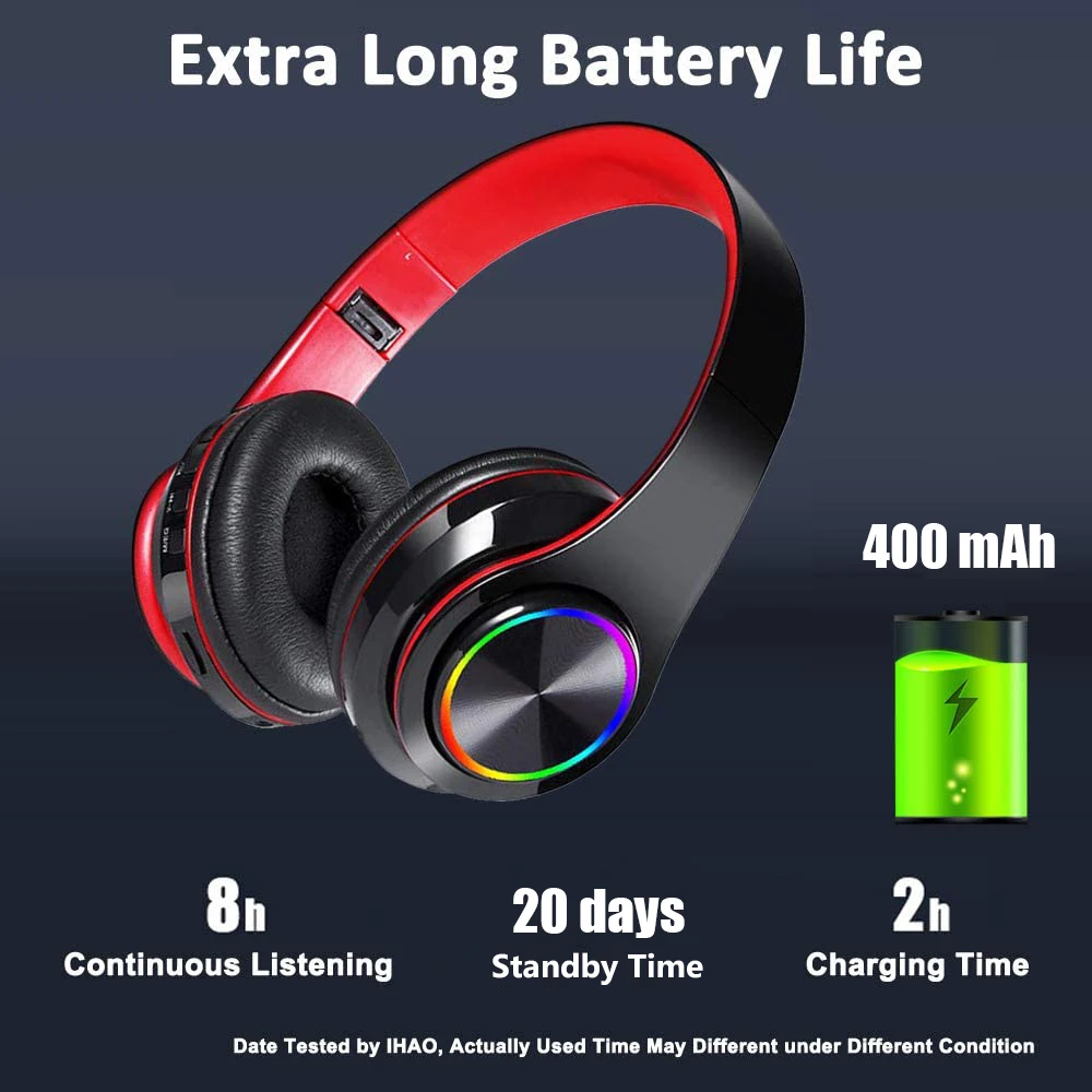Earphone Bluetooth-compatible Headphones B39 Colored LED Lights Over Ear Stereo Wireless Headset Built-in Mic for Mobile Phones |