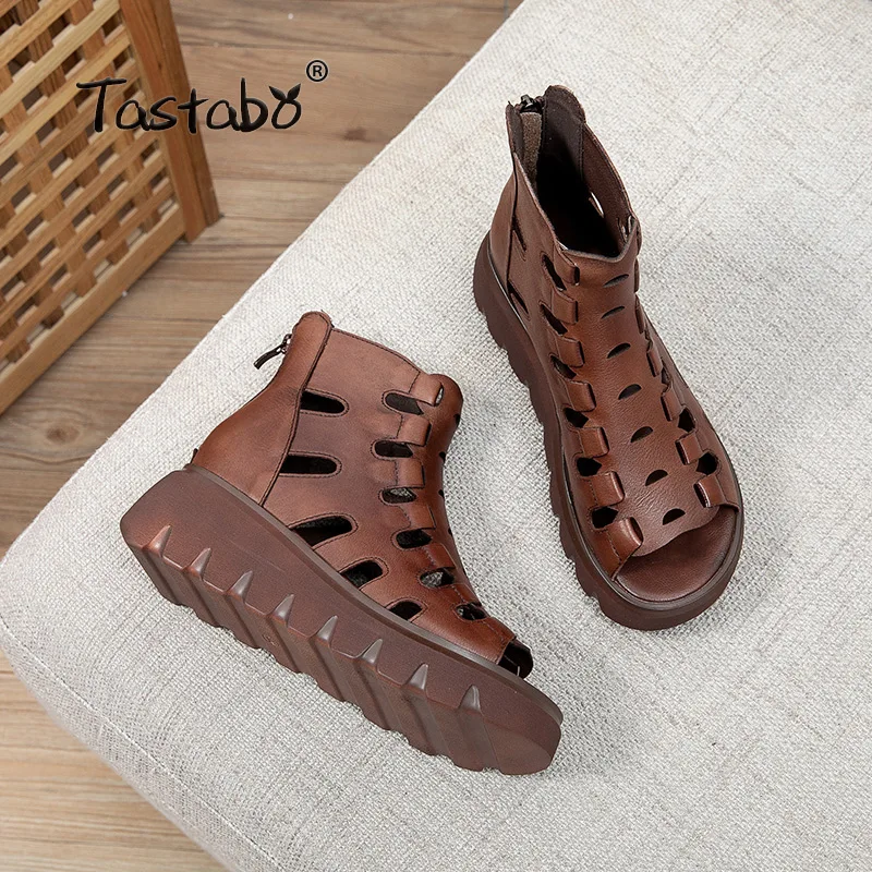 

HOT Summer Women Ankle Boots Handmade Genuine Leather Hollow out Sandals Wedge Women's Shoes Soft Bottom Women Boots S8855