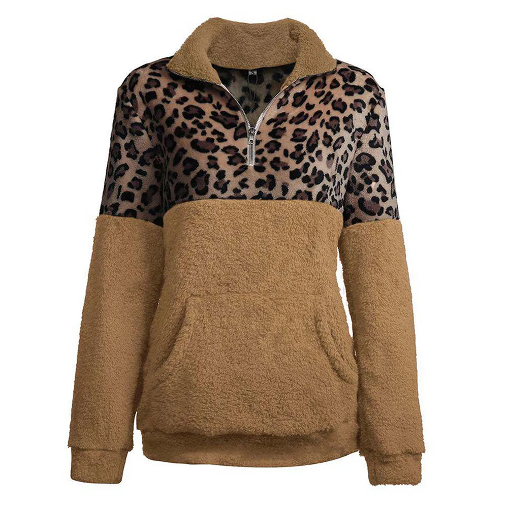 Leopard Patchwork Fluffy Sweatshirt Women Zip Fleece Casual Oversized Hoodie Winter Pullover Hoody Ladies Tops Plus Size | Женская