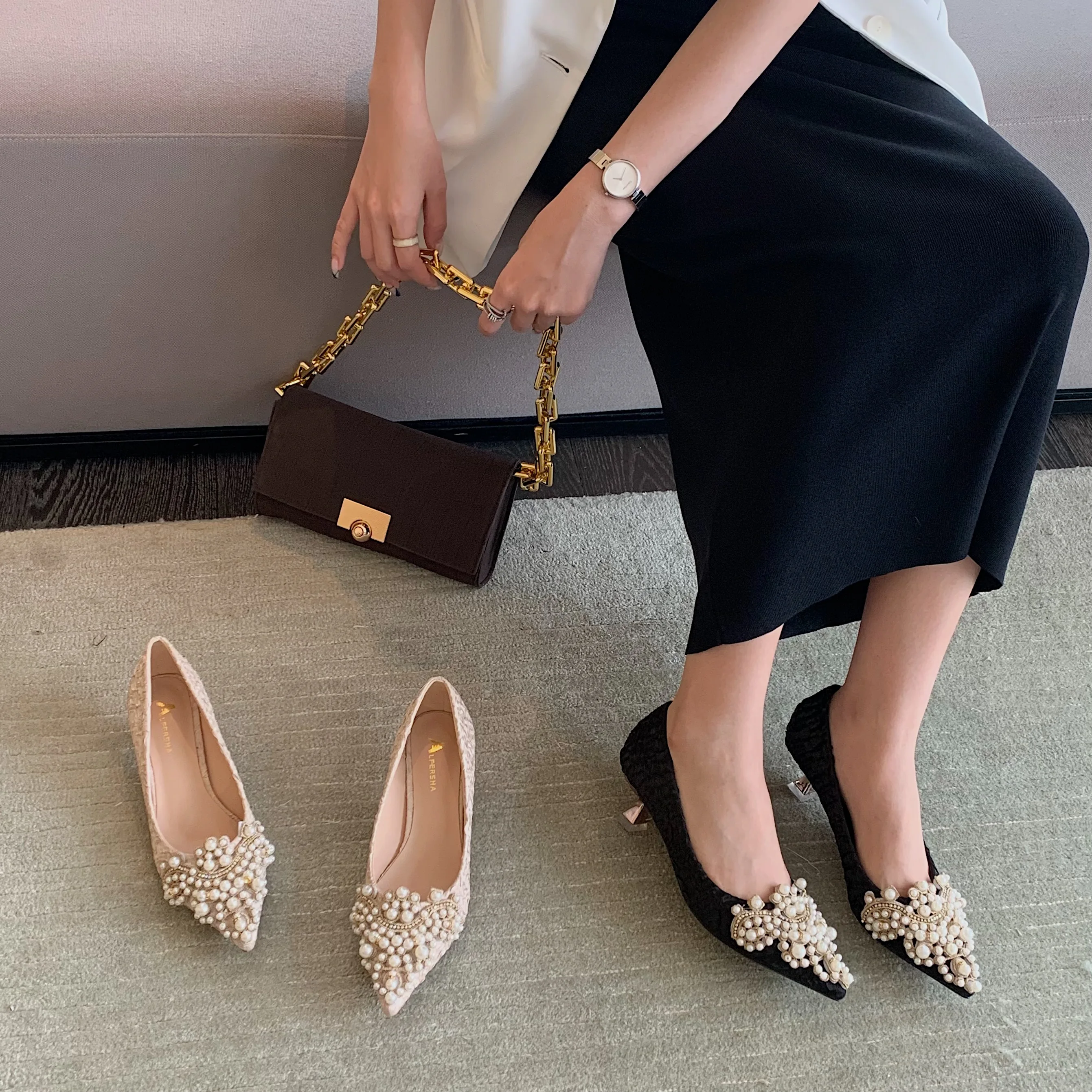 

Women Shoes High Heels Thin Heels Slip on Luxury Pumps Mules Elegant Designer Shoes Pearl Pointed Toe Fashion Ladies for Wedding