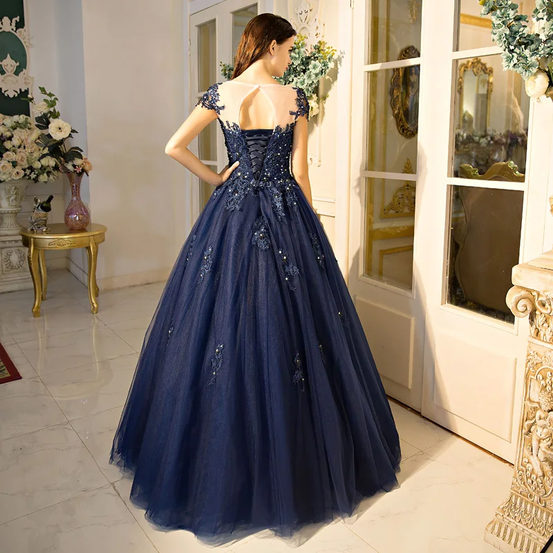 Темно-синее бальное платье с рукавами-крылышками, vestidos De 15 Anos, тюлевый с открытой спиной, Сексуальное Милое Платье 16, платья Бальные платья с аппликацией