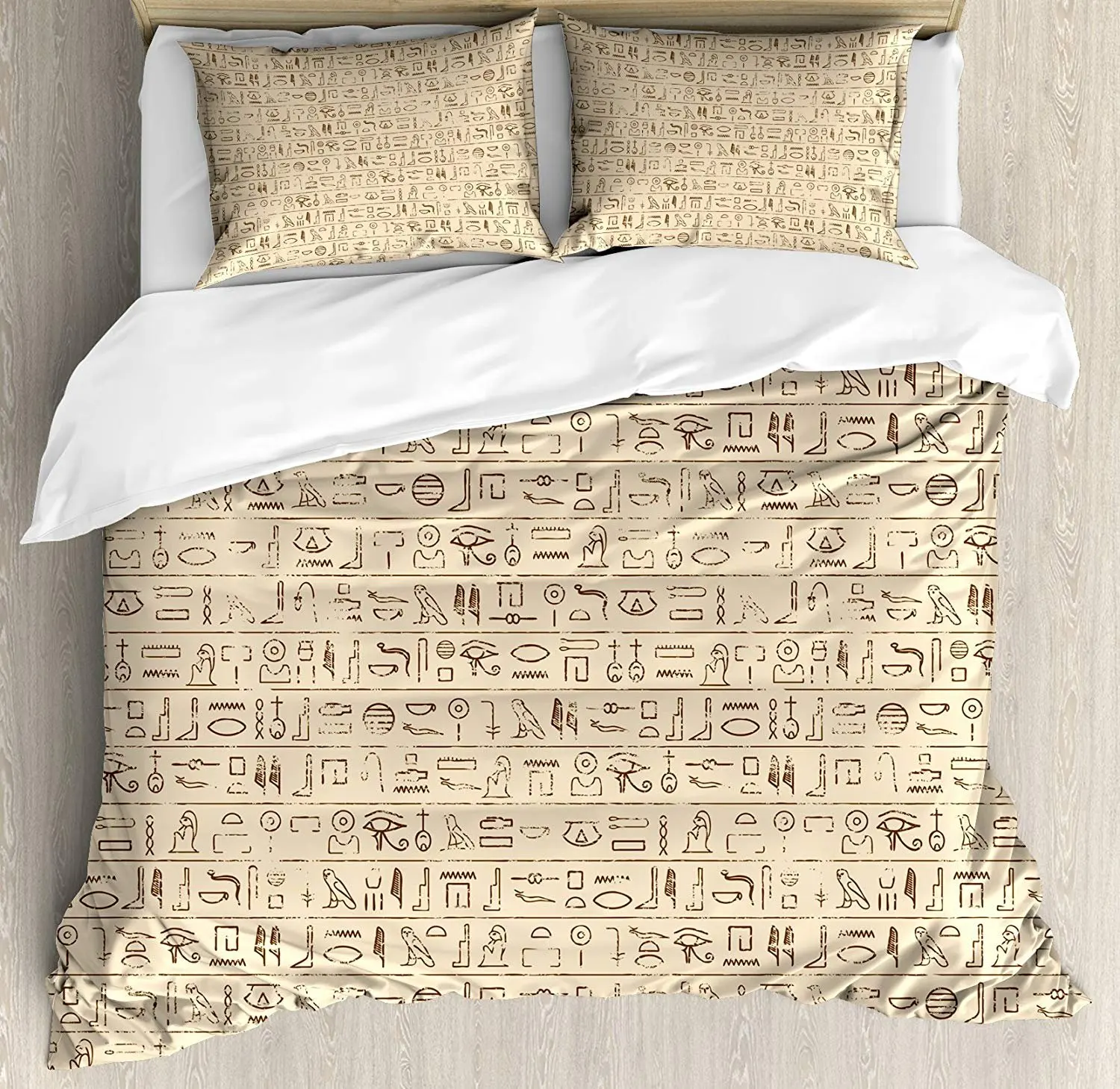 

Egyptian Bedding Set Old Dated Hieroglyphics Ancient Language Hand Written Style Borders with Worn Look Duvet Cover Pillowcase