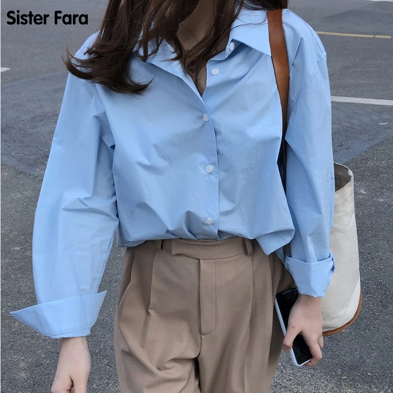 

Sister Fara 2021 Casual Simple Women Blouses All-match Loose Female Blusas Turn-down Collar Single Breasted Shirts