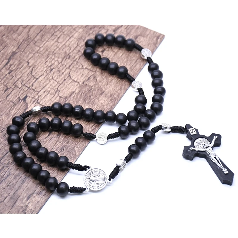 

Black Wooden Cross Religious Necklace Catholic Rosary Necklace Church Souvenirs G5GB