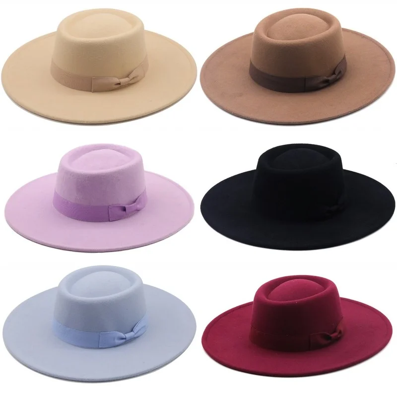 

9cm Wide Brim Bowknot Bowler Hat Fedoras Ladies Elegant Retro British Woolen Jazz Hat Autumn Winter Solid Color Panama Hat