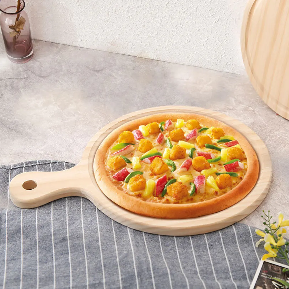 

Round Pizza Pan Solid Wood Handle Kitchen Supplies Wooden Bread Kitchen Pan Baking Tools Coffee Shop Restaurant kitchen tools