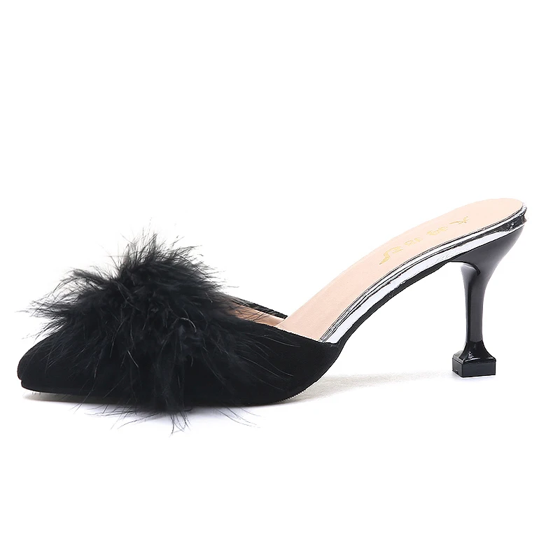 Новинка 2020 летняя обувь женские меховые тапочки на тонком высоком каблуке с