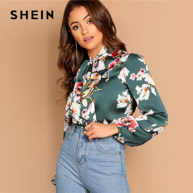 SHEIN Стильный Топ С Цветочным Принтом Женские Осенние Элегантные Блузки С Цветочным Принтом И Длинным Рукавом